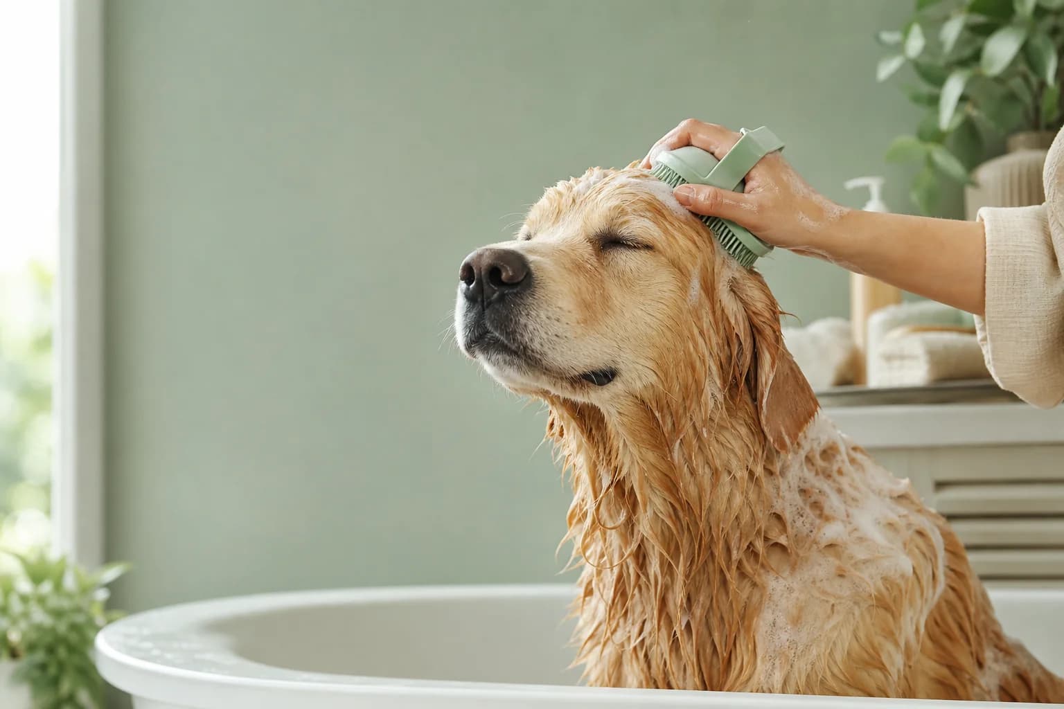 A relaxed dog being gently washed in soft natural light